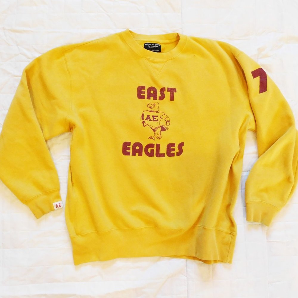 Y2K 90's AMERICAN EAGLE OUTFITTERS Yellow Logo Graphic AEO Sweatshirt Distressed